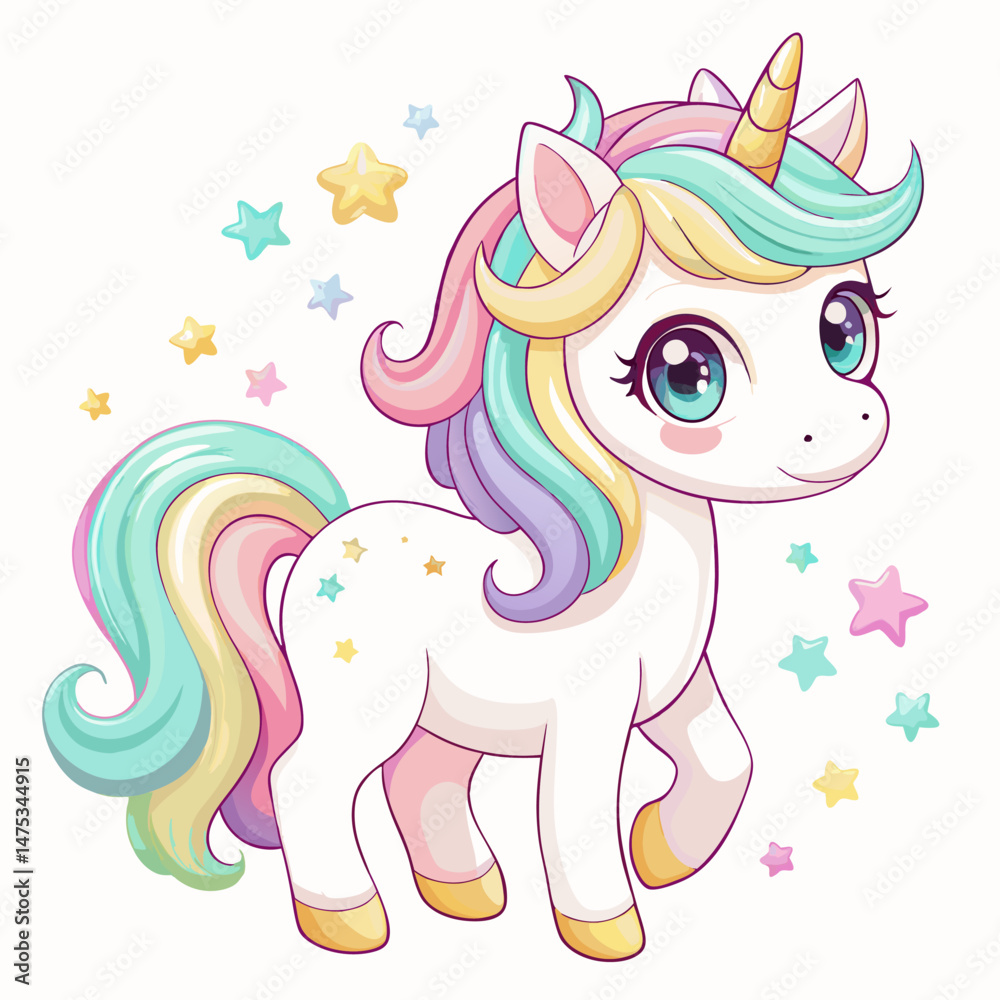 Naklejka premium Cute Rainbow Unicorn with Stars