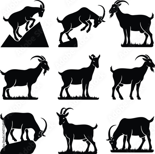 Goat Silhouette Set | Farm Animal Vector Graphics Goat Silhouettes Collection | Livestock, Nature, and Agriculture Icons