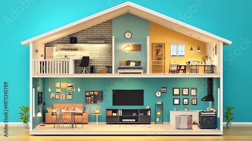 Detailed house interior cross section illustrative overview