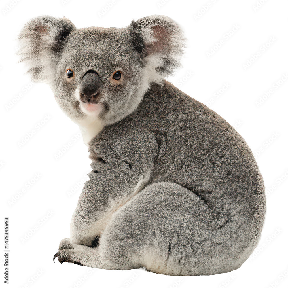 Naklejka premium Koala animal png tree-dwelling marsupial png Australian animal png eucalyptus eater png furry koala png cute wildlife png white background image