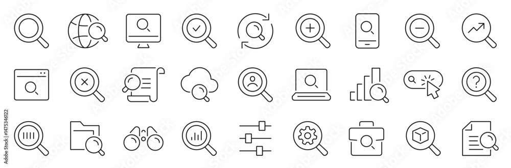 Search thin line icons set. Magnifying glass, find, zoom icon. Editable stroke. Vector