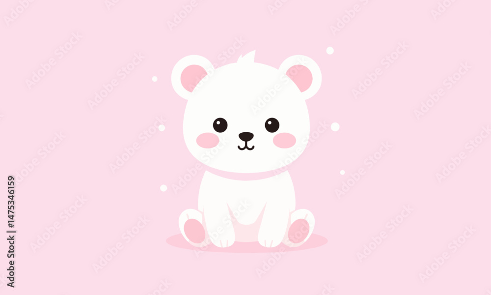 Naklejka premium A snow-white baby bear sitting sweetly with pink paws and cheeks, surrounded by floating dots on a pink background
