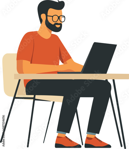 Man Working on Laptop Vector Illustration on Transparent Background