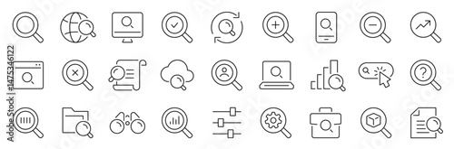 Search thin line icons set. Magnifying glass, find, zoom icon. Editable stroke. Vector