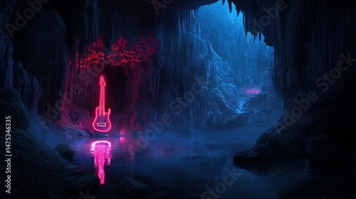 A neon guitar glows within a dark cave environment