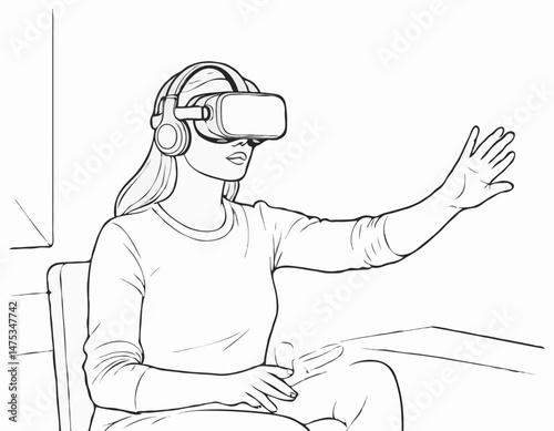 Monochrome Outline Illustration of a Woman Immersed in a VR Experience, Exploring a Digital World.