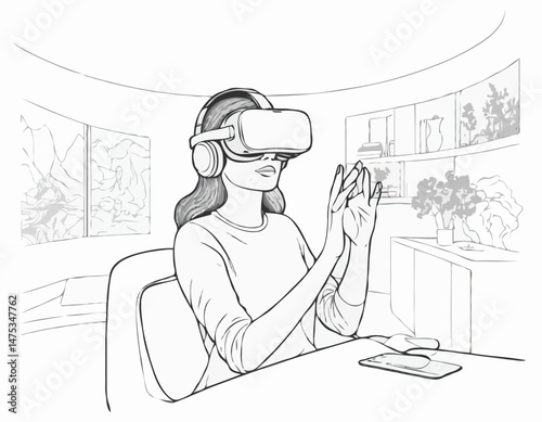 Monochrome Outline Illustration of a Woman Immersed in a VR Experience, Exploring a Digital World.