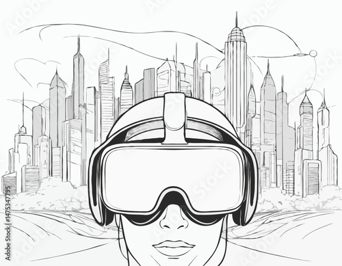 Simple Line Drawing of a Futuristic Cityscape Viewed Through a Virtual Reality Headset, Connecting the Real and Virtual.