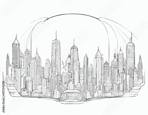 Simple Line Drawing of a Futuristic Cityscape Viewed Through a Virtual Reality Headset, Connecting the Real and Virtual.