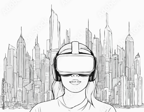 Simple Line Drawing of a Futuristic Cityscape Viewed Through a Virtual Reality Headset, Connecting the Real and Virtual.