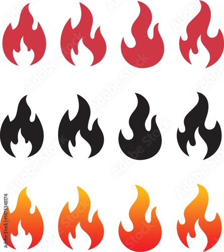 Collection of stylized fire icons in various colors
