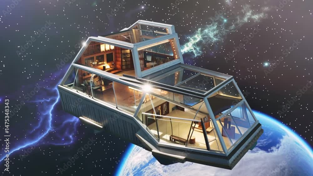 Maison futuriste flottante dans l’espace avec vue sur la Terre

