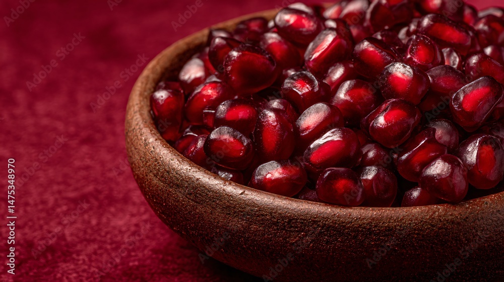 Abstract minimalist composition of pomegranate seeds in small ceramic bowl, soft light, terracotta background Abstract minimalist composition of pomegranate seeds in small ceramic bowl, soft light, terracotta background