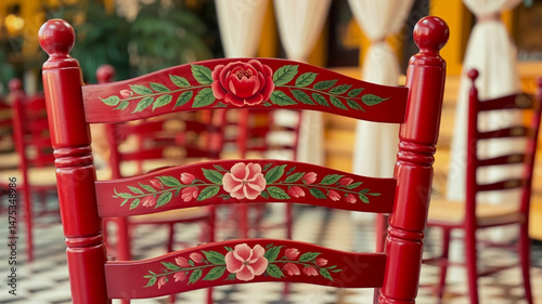 A close-up photograph of a traditional red wooden chair with hand-painted floral designs