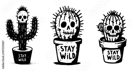 funny cactus character vector illustrations with text stay wild