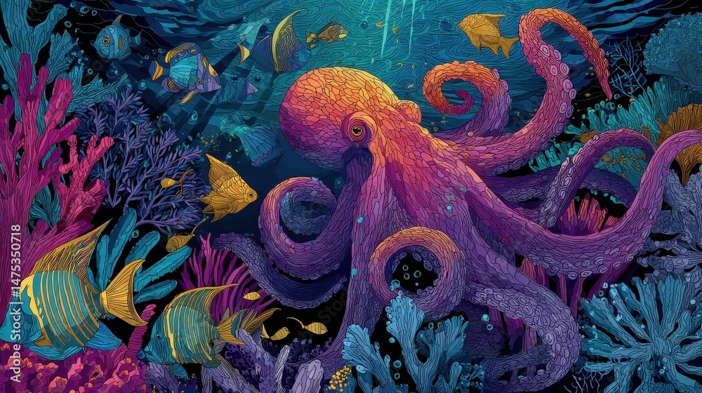 Obraz premium Vibrant underwater scene featuring an octopus and colorful fish.