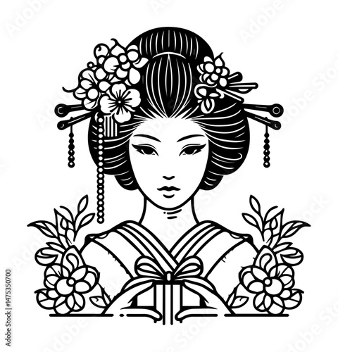 japanese geisha portrait in black and white vector style
