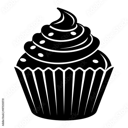 Illustration of a black and white cupcake with frosting and a decorative paper liner design element