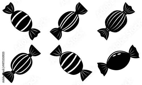 Silhouette illustration of six wrapped candies with different stripe patterns and tied ends design element