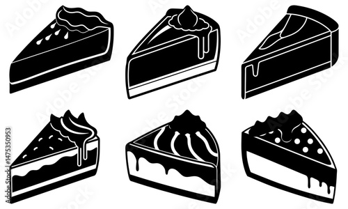 Illustration of six cake slices with different toppings in black and white vector format image