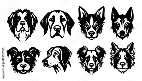 dog breed head illustrations in black and white vector style