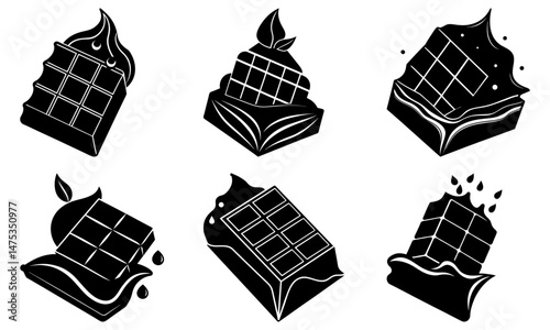 Illustrations of chocolate bars with various toppings and designs in black and white silhouette style