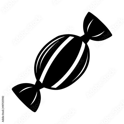 Illustration of a wrapped candy with twisted ends and stripes in a simple black and white style
