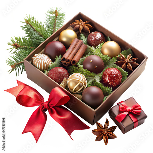 festive chocolate gift box with holiday themed decorations on transparent background