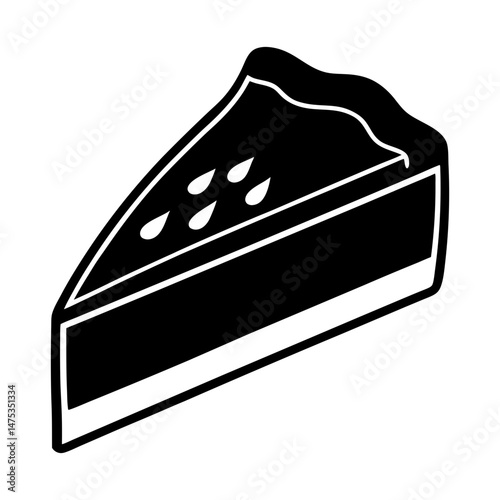 Illustration of a black and white slice of pie with a wavy crust and dripping filling detail design