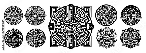 aztec and maya circular symbols vector illustrations in tribal style