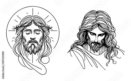 jesus christ portrait vector illustrations in sketch line style