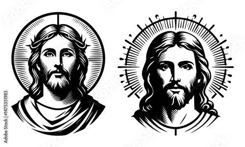 sacred jesus head illustrations in engraved monochrome style