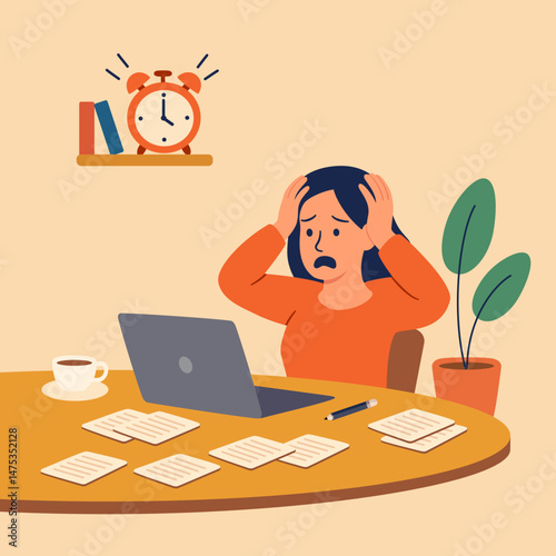 Flat style illustration of a stressed woman sitting at a desk with a laptop, surrounded by paperwork, holding her head in panic..