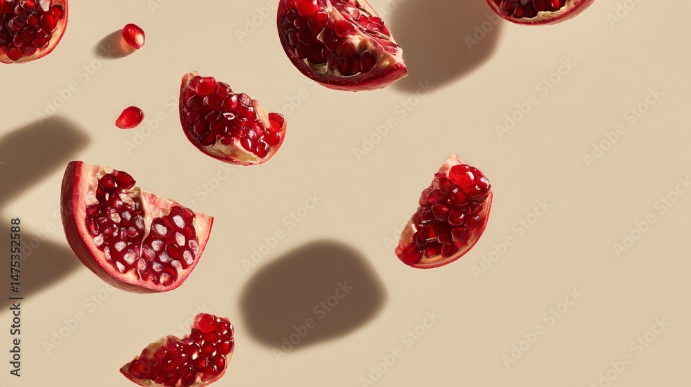 Fototapeta premium Minimalist fruit concept with floating pomegranate slices on clean cream background, shadow play and negative space