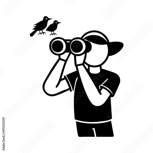 Birdwatcher using binoculars to observe birds in a black and white graphic