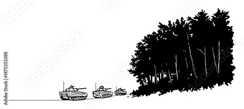 tanks approaching forest silhouette scene in military vector style