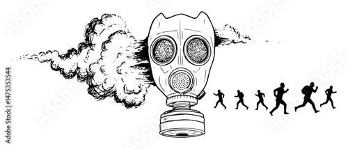 gas mask with running people and smoke in apocalyptic vector style
