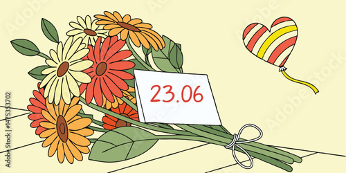 Blooming Bouquet: A vibrant illustration of a bouquet of colorful flowers accompanied by a heart-shaped balloon, a heartfelt token for a special occasion, with a calendar card.