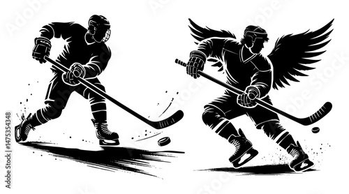 hockey players fight scene with angel wings in dynamic vector style