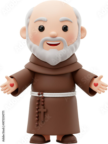 Cute 3D cartoon Saint Padre Pio with stigmata and rosary