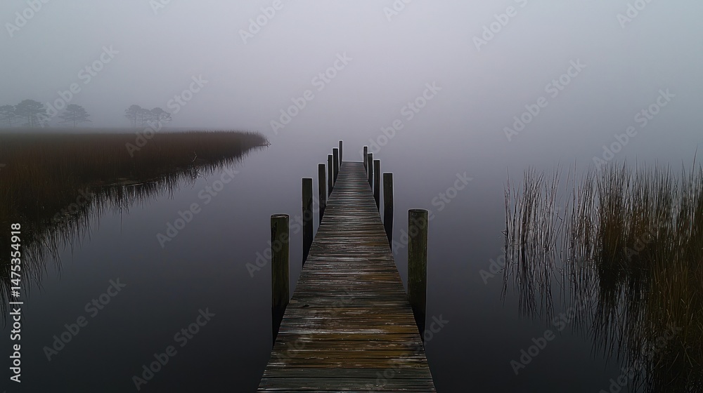 Fototapeta premium A wooden dock extends over water into a hazy morning