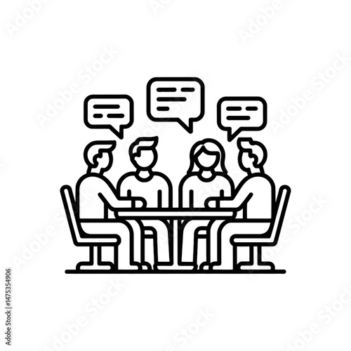 Four people sit around a table engaged in conversation, with speech bubbles indicating an active discussion