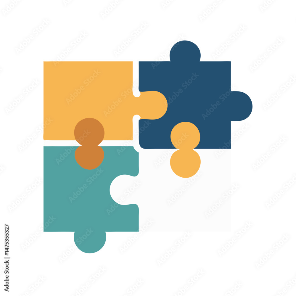Four jigsaw puzzle pieces connected representing teamwork and solutions Four jigsaw puzzle pieces connected representing teamwork and solutions