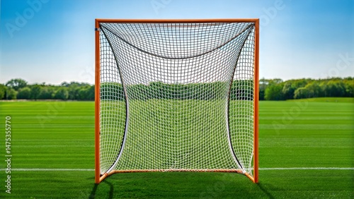 Front view of a lacrosse net on a grassy green park field photo