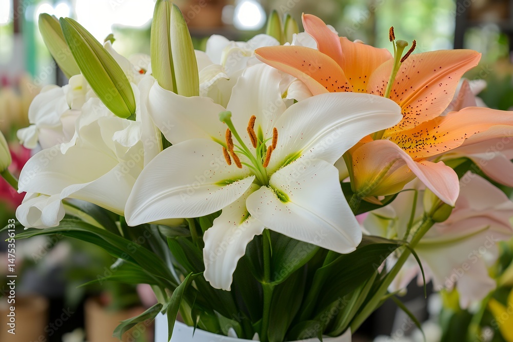 Fototapeta premium Vibrant lilies in bloom with white and orange petals in a lush arrangement