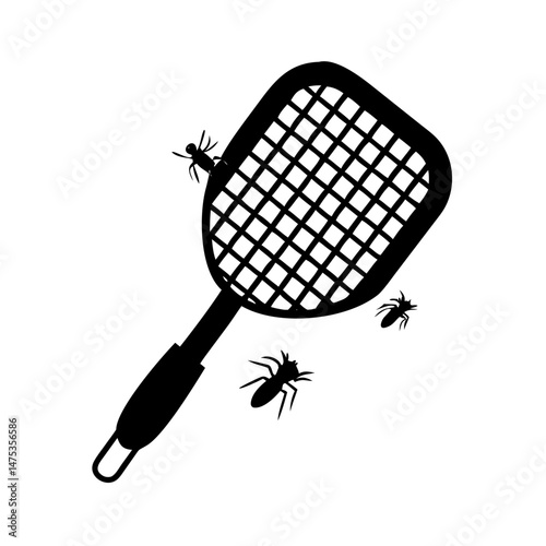 Black silhouette of a fly swatter with three dead insects around it