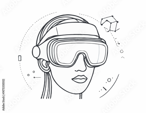 Augmented Reality Headset Line Art Icon with Futuristic Interface and Data Visualization for Technology Blog Posts.