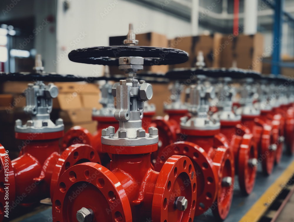 Obraz premium Industrial red valves in production facility