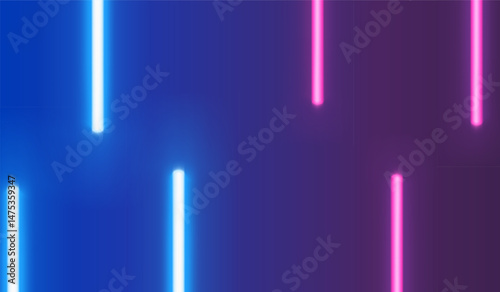 Blue and pink neon lights background at a disco party. Fluorescent or LED lights mounted on the wall give off a bright, purple glow. Art & Illustration
