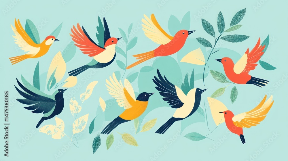 Colorful birds in flight amidst foliage Colorful birds in flight amidst foliage